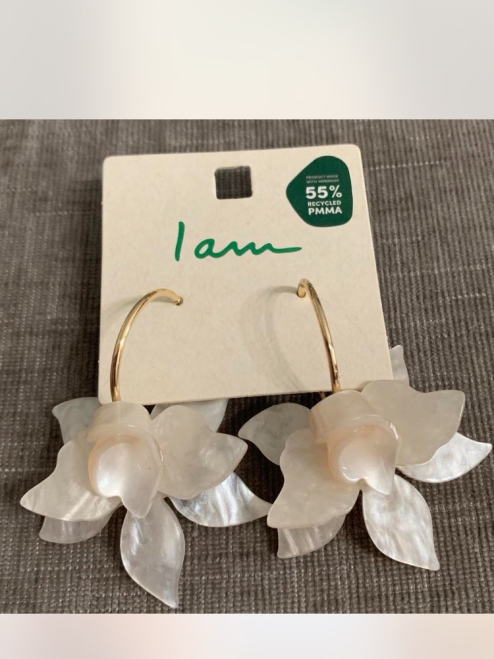 Gold Hoop Earrings with mother-of-pearl lotus flowers.